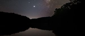 Preview wallpaper nebula, starry sky, stars, lake, reflection