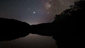 Preview wallpaper nebula, starry sky, stars, lake, reflection