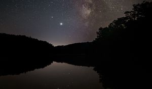 Preview wallpaper nebula, starry sky, stars, lake, reflection