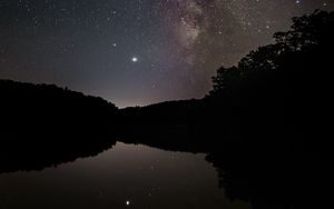Preview wallpaper nebula, starry sky, stars, lake, reflection