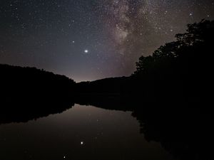 Preview wallpaper nebula, starry sky, stars, lake, reflection