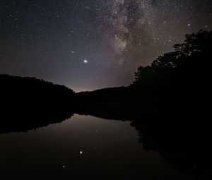 Preview wallpaper nebula, starry sky, stars, lake, reflection