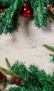 Preview wallpaper needles, branches, decorations, wood, new year, christmas