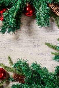 Preview wallpaper needles, branches, decorations, wood, new year, christmas