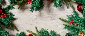 Preview wallpaper needles, branches, decorations, wood, new year, christmas