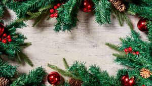 Preview wallpaper needles, branches, decorations, wood, new year, christmas