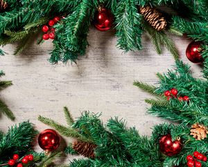 Preview wallpaper needles, branches, decorations, wood, new year, christmas