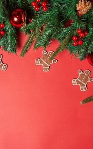 Preview wallpaper needles, decorations, gingerbread, background, red, new year, christmas
