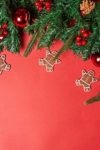 Preview wallpaper needles, decorations, gingerbread, background, red, new year, christmas