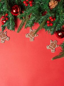 Preview wallpaper needles, decorations, gingerbread, background, red, new year, christmas