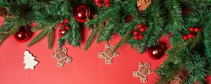 Preview wallpaper needles, decorations, gingerbread, background, red, new year, christmas