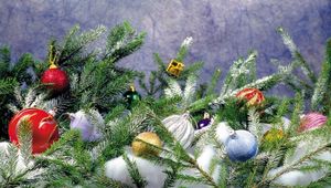 Preview wallpaper needles, snow, decorations, branches, celebration, glitter