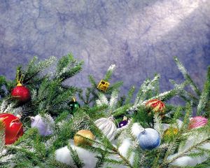 Preview wallpaper needles, snow, decorations, branches, celebration, glitter