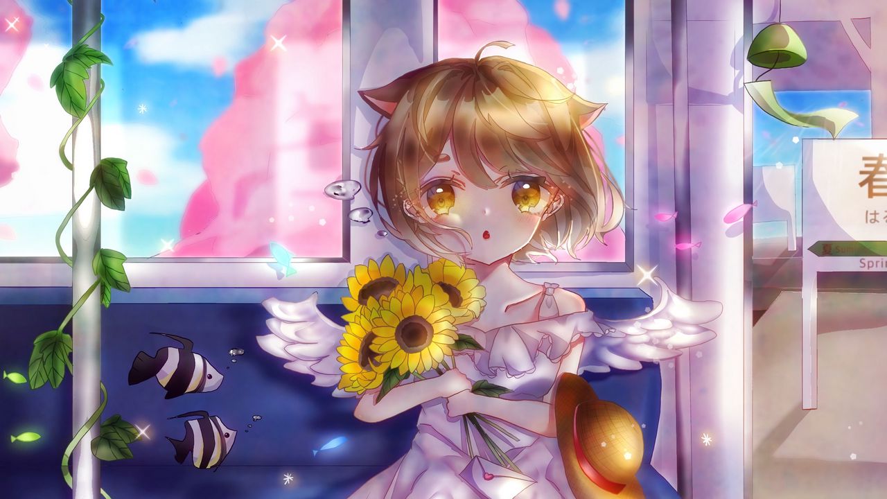 Wallpaper neko, angel, sunflowers, bouquet, anime, art