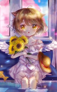 Preview wallpaper neko, angel, sunflowers, bouquet, anime, art