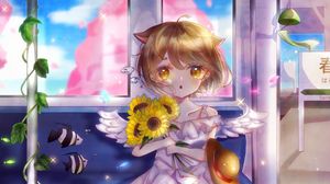 Preview wallpaper neko, angel, sunflowers, bouquet, anime, art