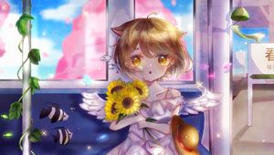 Preview wallpaper neko, angel, sunflowers, bouquet, anime, art