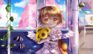 Preview wallpaper neko, angel, sunflowers, bouquet, anime, art