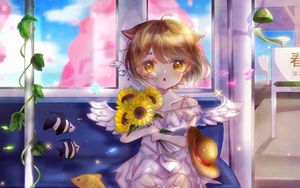 Preview wallpaper neko, angel, sunflowers, bouquet, anime, art