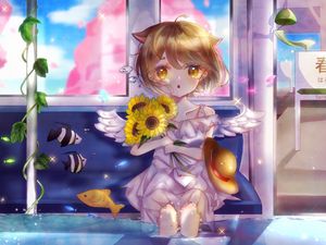 Preview wallpaper neko, angel, sunflowers, bouquet, anime, art