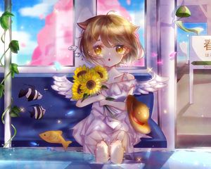 Preview wallpaper neko, angel, sunflowers, bouquet, anime, art