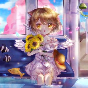 Preview wallpaper neko, angel, sunflowers, bouquet, anime, art