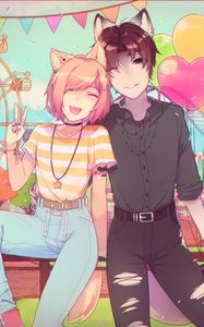 Preview wallpaper neko, couple, smile, amusement park, happy, anime