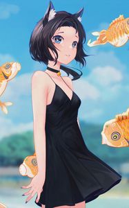 Preview wallpaper neko, ears, dress, choker, fish, anime