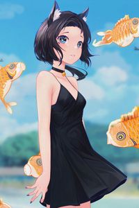 Preview wallpaper neko, ears, dress, choker, fish, anime