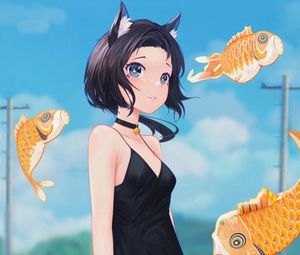 Preview wallpaper neko, ears, dress, choker, fish, anime