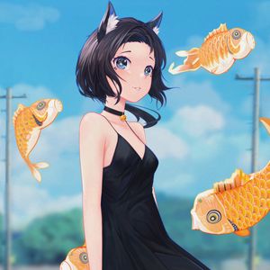 Preview wallpaper neko, ears, dress, choker, fish, anime