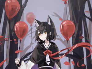 Preview wallpaper neko, ears, forest, balls, anime, art