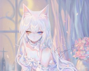 Preview wallpaper neko, ears, girl, anime, art, white