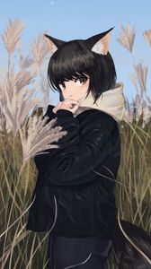 Preview wallpaper neko, ears, jacket, field, anime