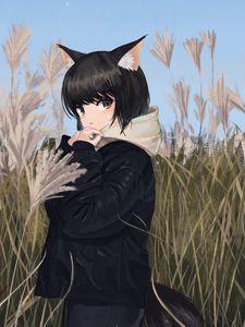 Preview wallpaper neko, ears, jacket, field, anime