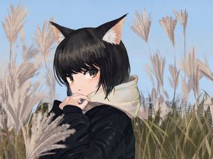 Preview wallpaper neko, ears, jacket, field, anime