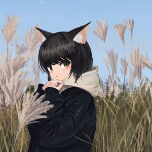 Preview wallpaper neko, ears, jacket, field, anime