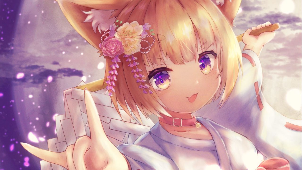 Wallpaper neko, ears, kimono, smile, anime, art