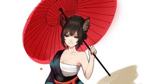 Preview wallpaper neko, ears, kimono, umbrella, anime