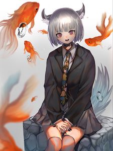 Preview wallpaper neko, girl, ears, goldfish, anime