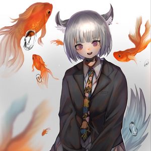 Preview wallpaper neko, girl, ears, goldfish, anime