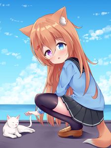 Preview wallpaper neko, girl, ears, heterochromia, cat, anime