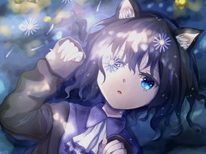 Preview wallpaper neko, girl, flowers, water, anime, art