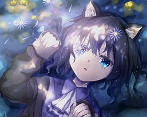 Preview wallpaper neko, girl, flowers, water, anime, art