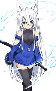 Preview wallpaper neko, glance, sword, anime, art, blue