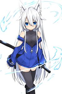 Preview wallpaper neko, glance, sword, anime, art, blue