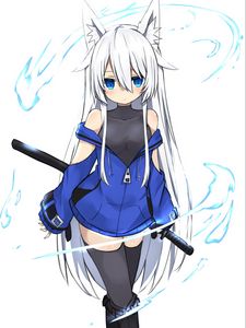 Preview wallpaper neko, glance, sword, anime, art, blue