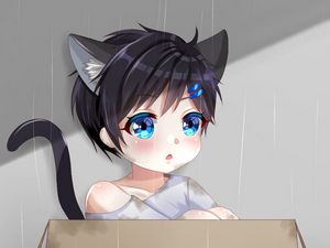 Preview wallpaper neko, kitten, child, box, anime, art