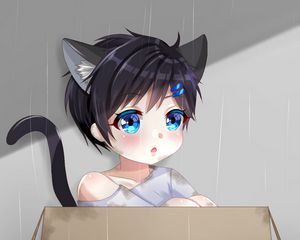 Preview wallpaper neko, kitten, child, box, anime, art