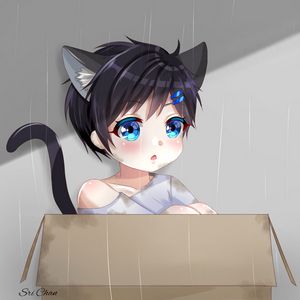 Preview wallpaper neko, kitten, child, box, anime, art